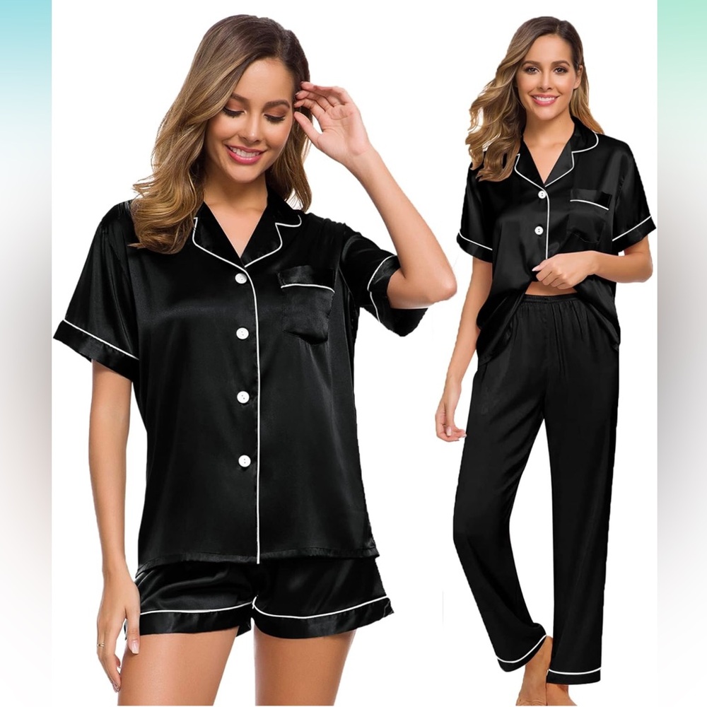 Swomog 3 pc black satin pj set w/ shorts or pants option M